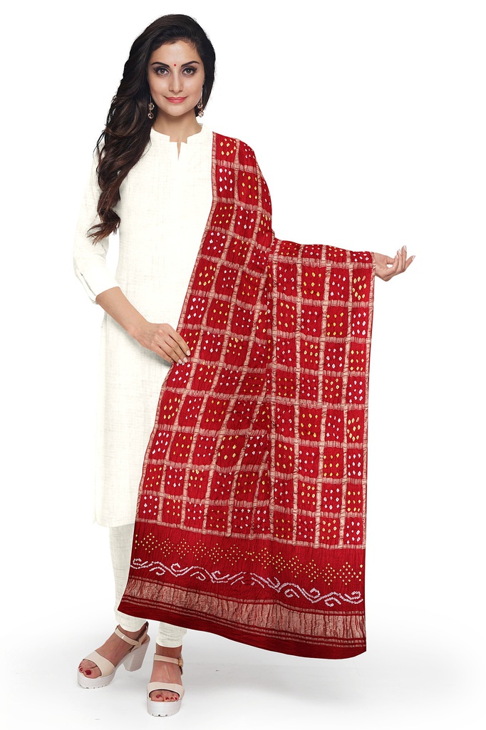 Red Handwoven Gaji Silk Bandhani Dupatta