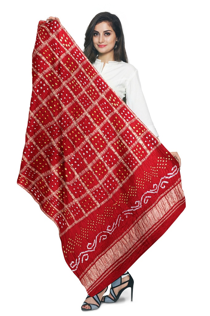 Red Handwoven Gaji Silk Bandhani Dupatta