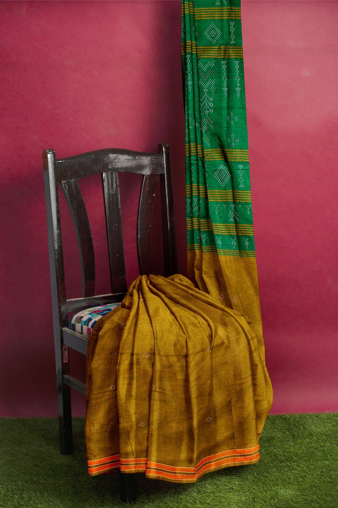 Golden and Green Tangaliya Cotton Silk Handwoven Saree