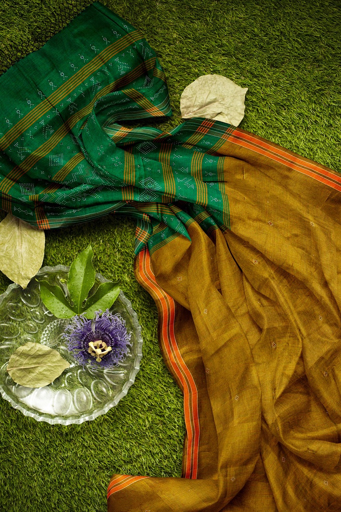 Golden and Green Tangaliya Cotton Silk Handwoven Saree