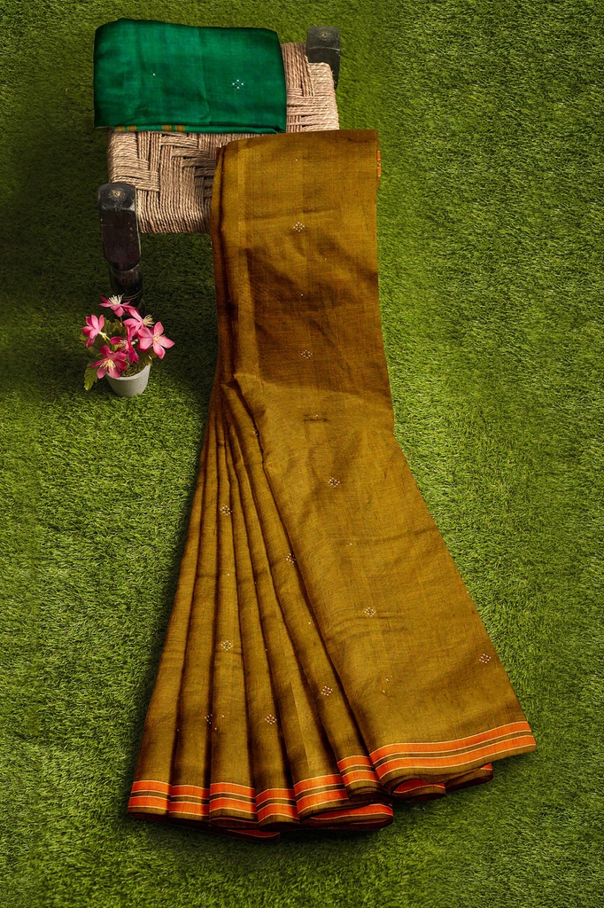 Golden and Green Tangaliya Cotton Silk Handwoven Saree