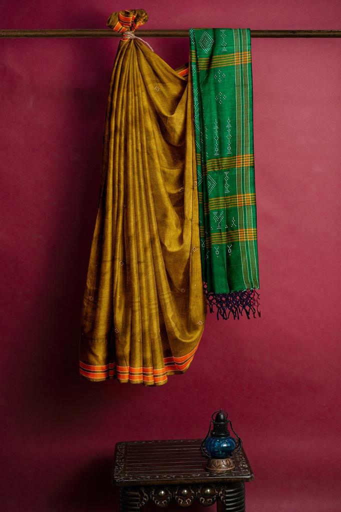 Golden and Green Tangaliya Cotton Silk Handwoven Saree
