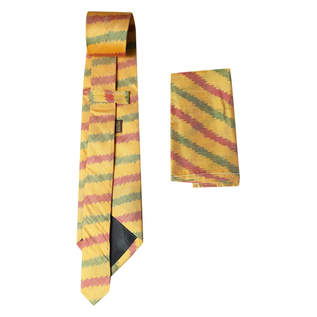 Handwoven Yellow Ikat Tie With Pocket Square