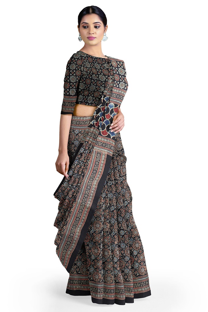 Modal Silk Ajrakh Hand Block Print Saree