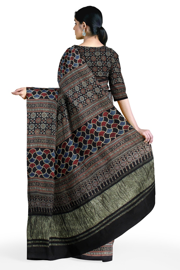 Modal Silk Ajrakh Hand Block Print Saree