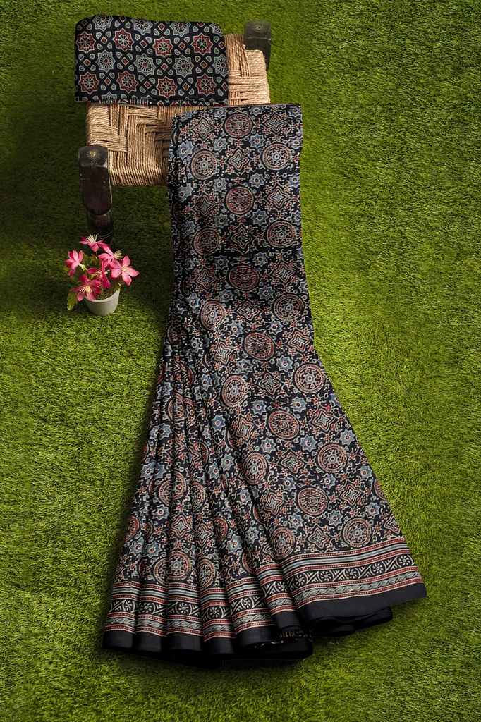 Modal Silk Ajrakh Hand Block Print Saree