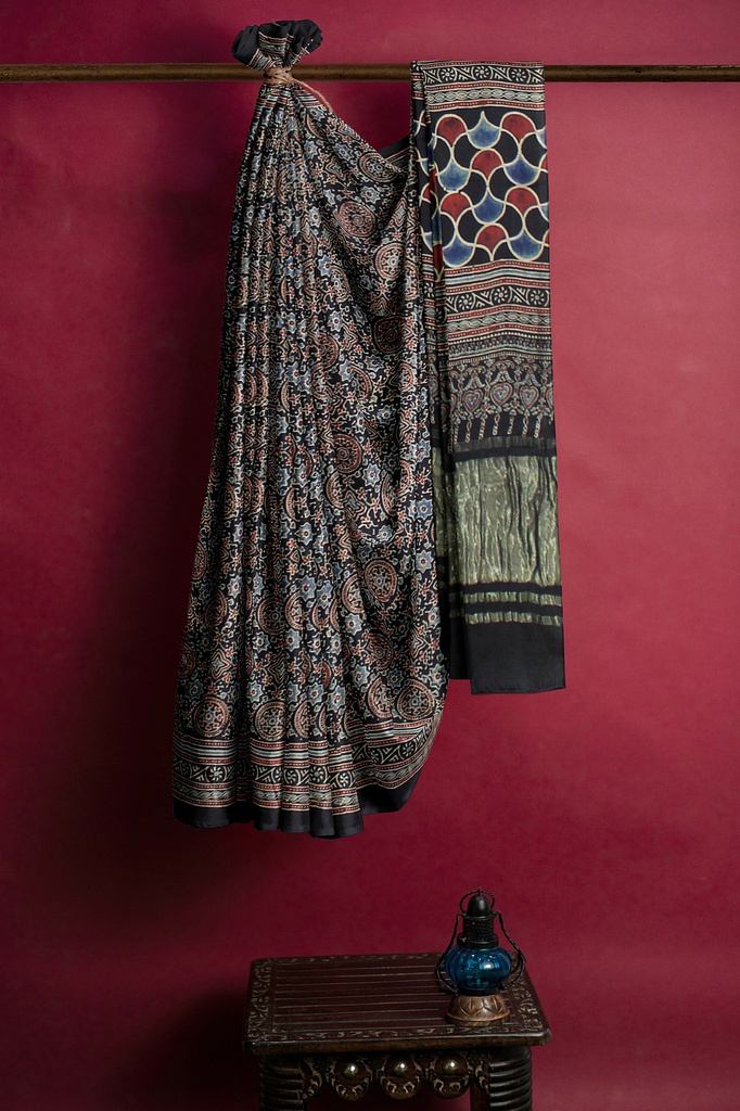 Modal Silk Ajrakh Hand Block Print Saree