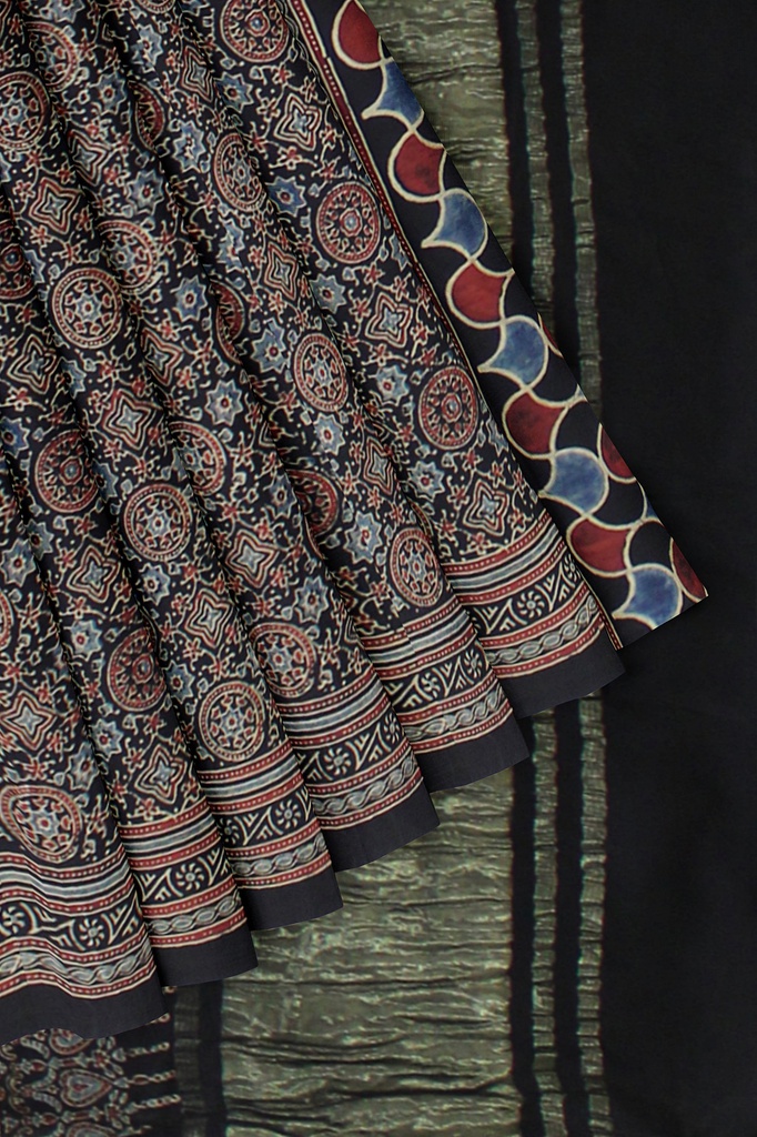 Modal Silk Ajrakh Hand Block Print Saree