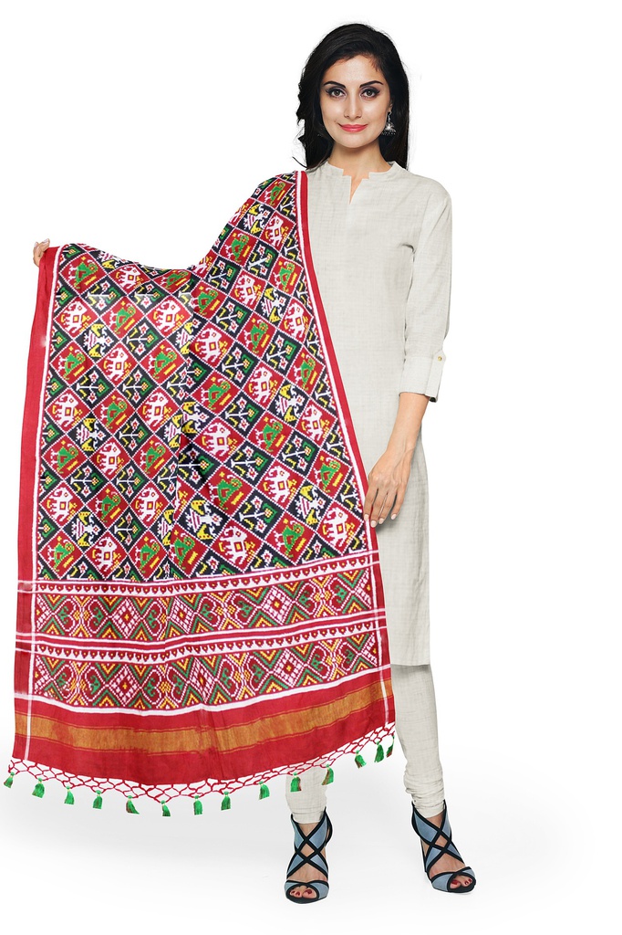 Red and Dark Green Handwoven Double Ikat Silk Dupatta