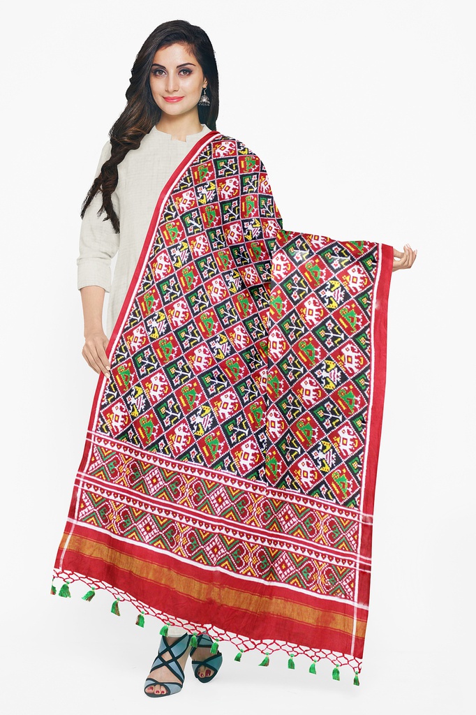 Red and Dark Green Handwoven Double Ikat Silk Dupatta
