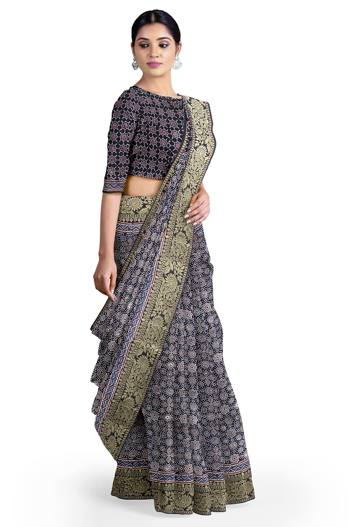 Dola Silk Ajrakh Hand Block Print Saree
