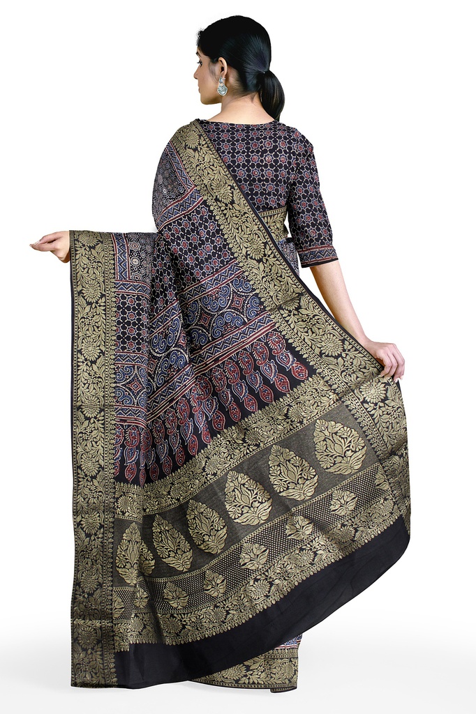Dola Silk Ajrakh Hand Block Print Saree