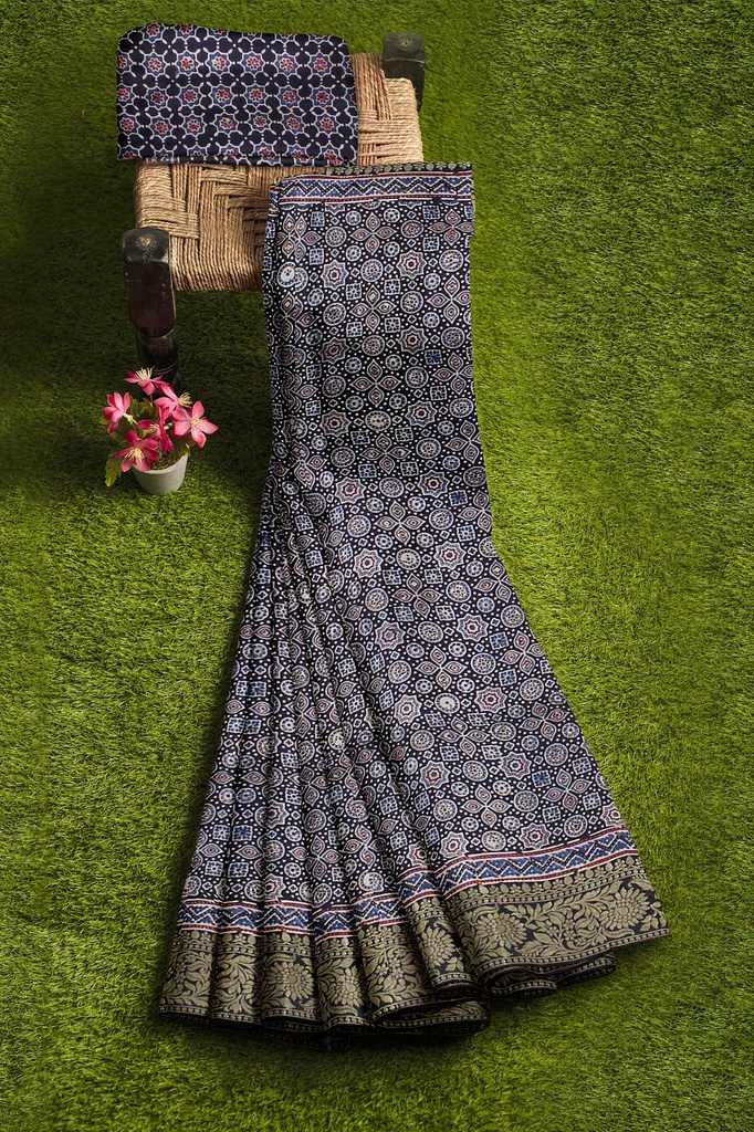 Dola Silk Ajrakh Hand Block Print Saree