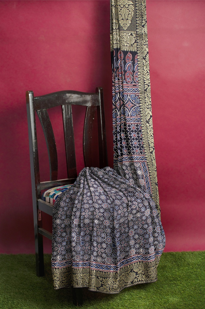 Dola Silk Ajrakh Hand Block Print Saree