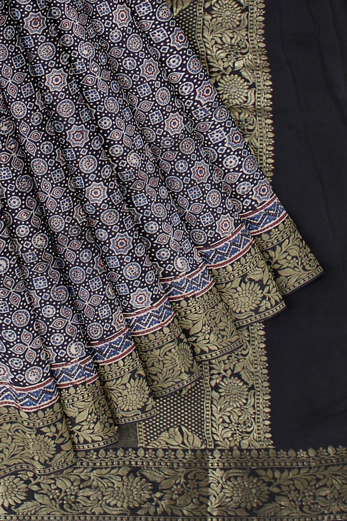 Dola Silk Ajrakh Hand Block Print Saree