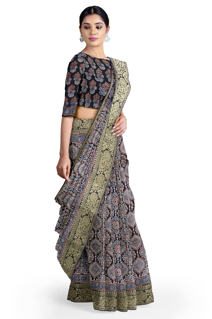 Dola Silk Ajrakh Hand Block Print Saree