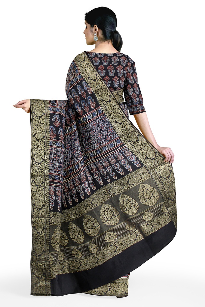 Dola Silk Ajrakh Hand Block Print Saree