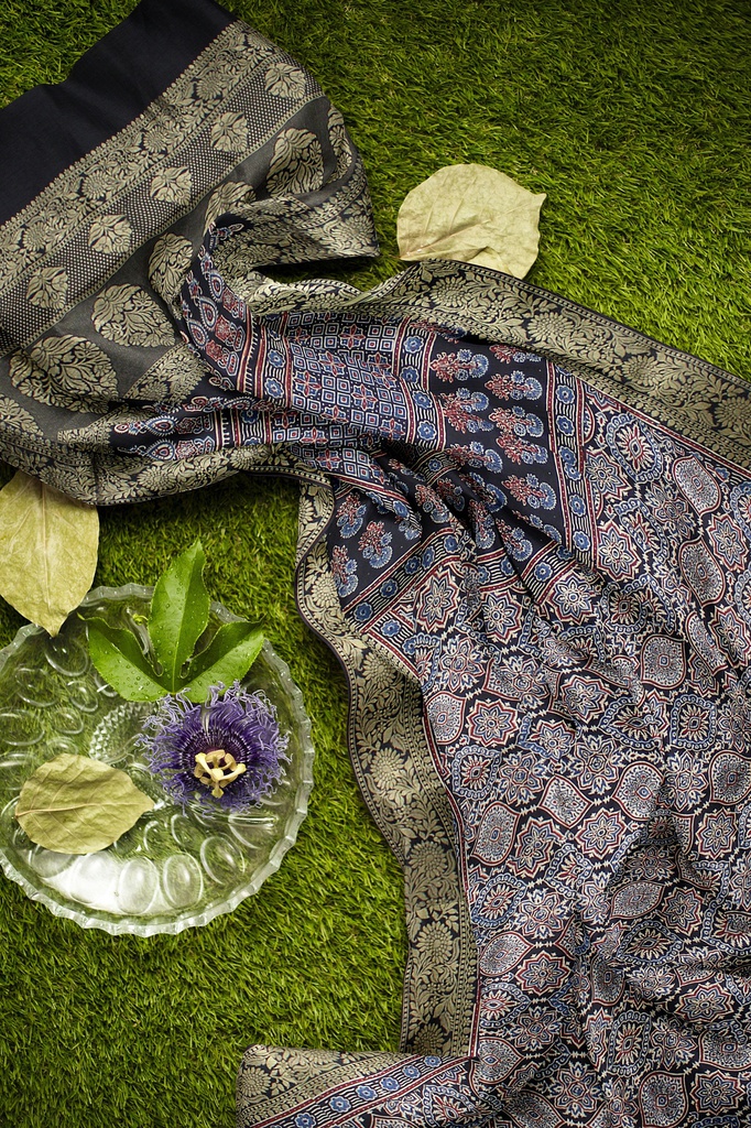 Dola Silk Ajrakh Hand Block Print Saree
