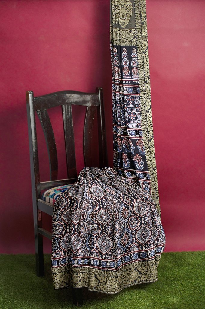 Dola Silk Ajrakh Hand Block Print Saree