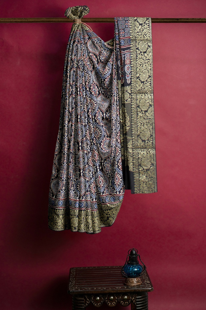 Dola Silk Ajrakh Hand Block Print Saree