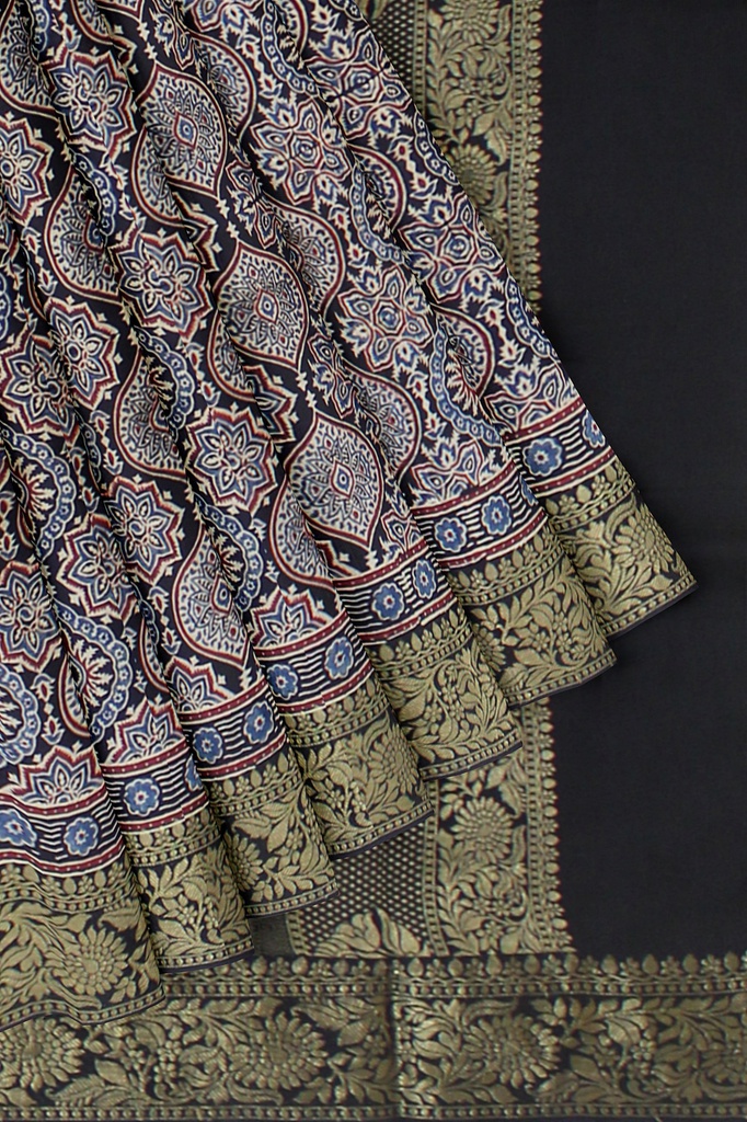 Dola Silk Ajrakh Hand Block Print Saree