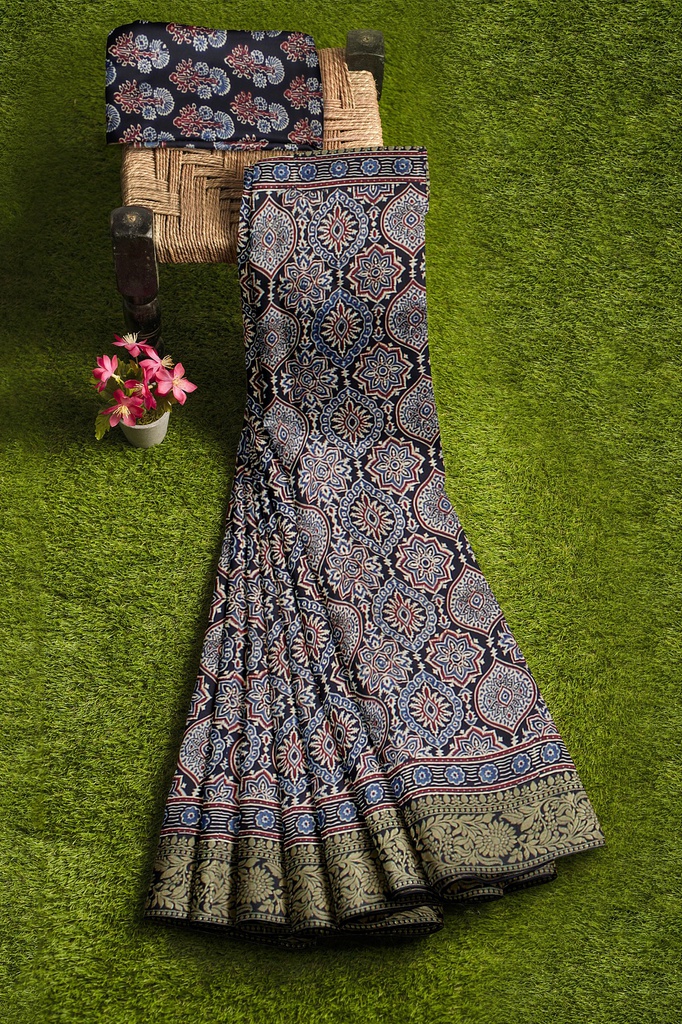 Dola Silk Ajrakh Hand Block Print Saree