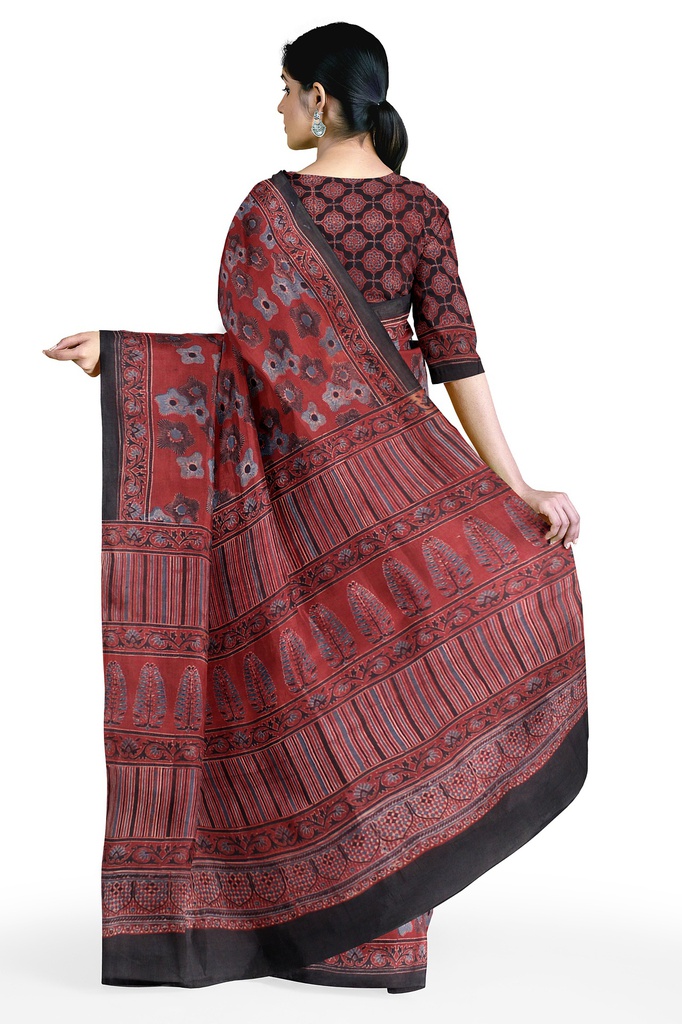 Cotton Ajrakh Hand Block Print Saree