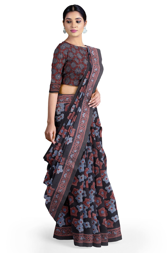 Cotton Ajrakh Hand Block Print Saree
