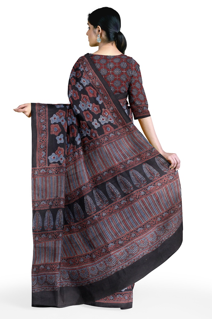 Cotton Ajrakh Hand Block Print Saree