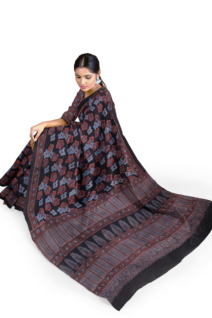 Cotton Ajrakh Hand Block Print Saree