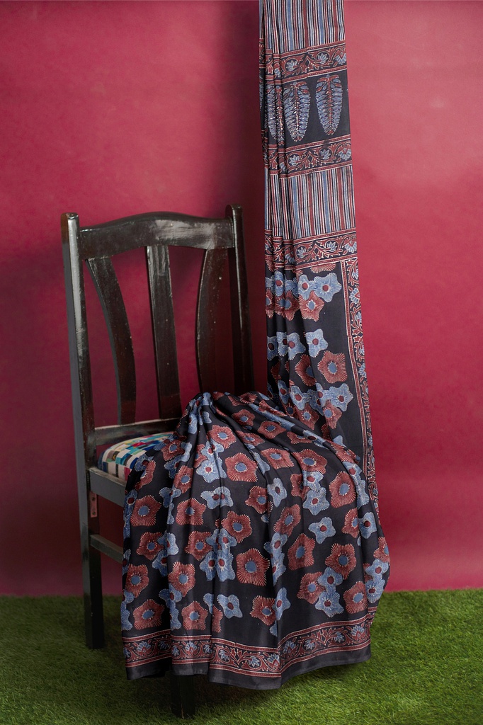 Cotton Ajrakh Hand Block Print Saree