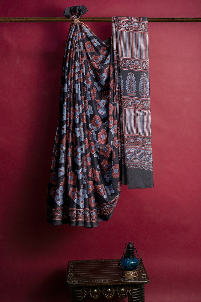 Cotton Ajrakh Hand Block Print Saree