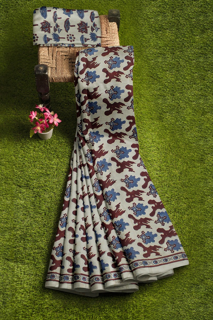 Cotton Ajrakh Hand Block Print Saree