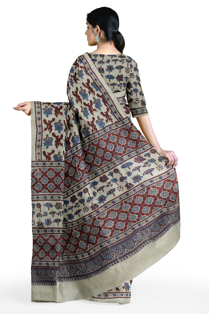 Cotton Ajrakh Hand Block Print Saree