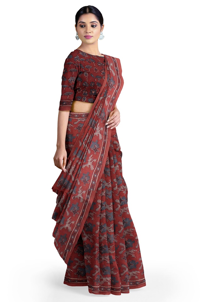 Cotton Ajrakh Hand Block Print Saree