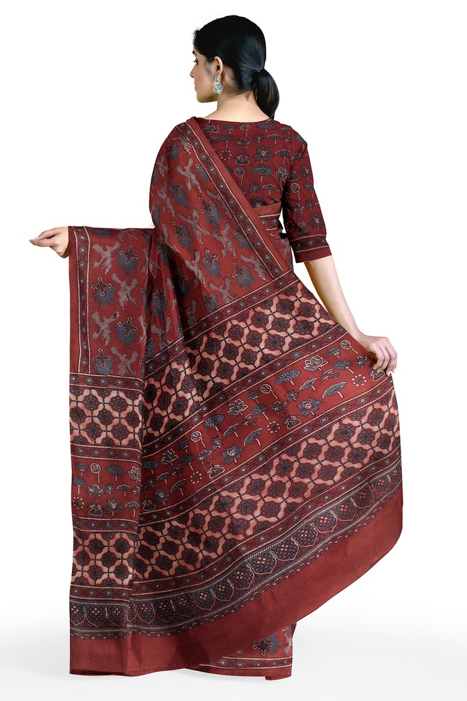 Cotton Ajrakh Hand Block Print Saree