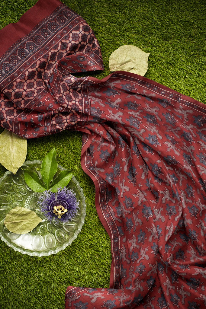 Cotton Ajrakh Hand Block Print Saree