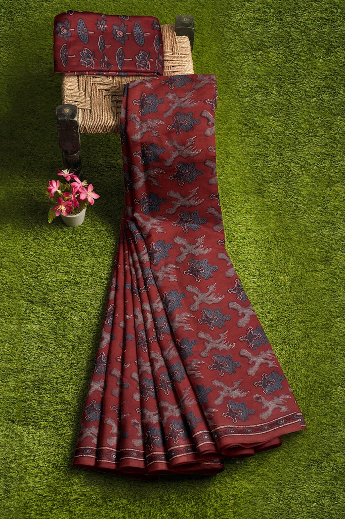 Cotton Ajrakh Hand Block Print Saree