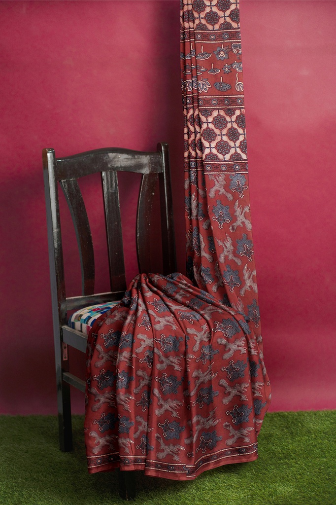 Cotton Ajrakh Hand Block Print Saree