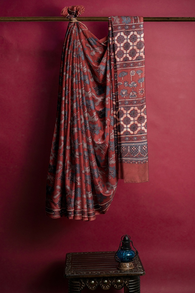 Cotton Ajrakh Hand Block Print Saree