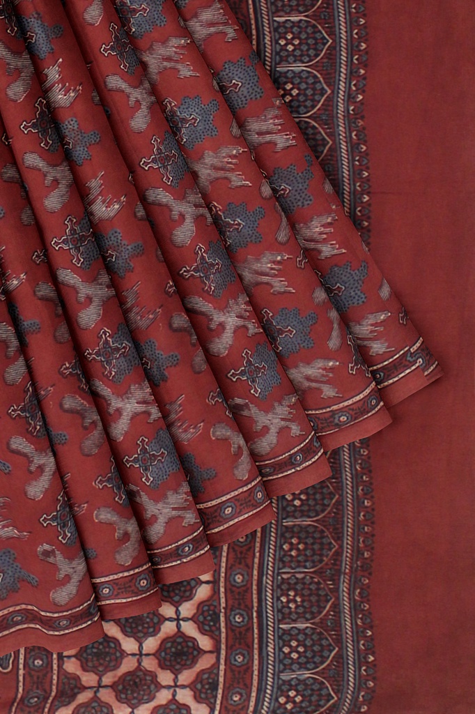 Cotton Ajrakh Hand Block Print Saree