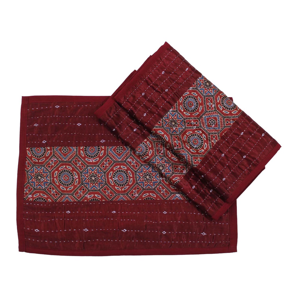Handmade Tagai Embroidered Ajrakh Mashru Silk Table Placemats (Set of 6)