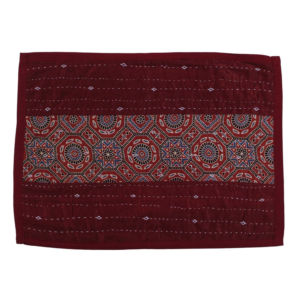 Handmade Tagai Embroidered Ajrakh Mashru Silk Table Placemats (Set of 6)