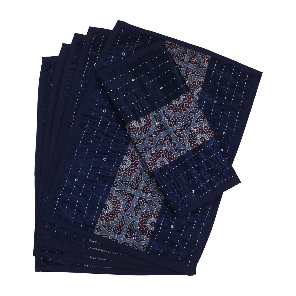 Handmade Tagai Embroidered Ajrakh Mashru Silk Table Placemats (Set of 6)