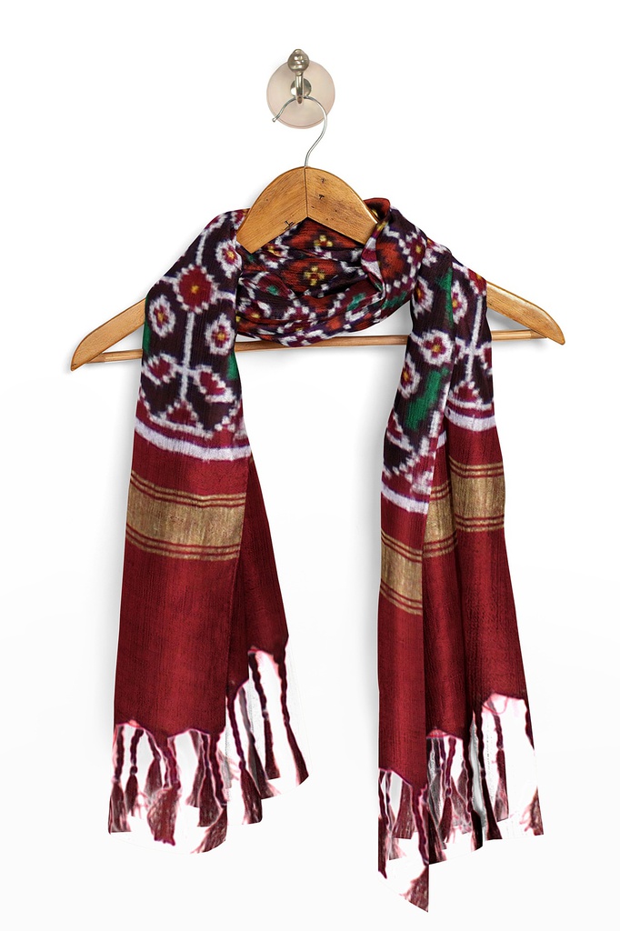 Maroon and Green Handwoven Double Ikat Silk Stole