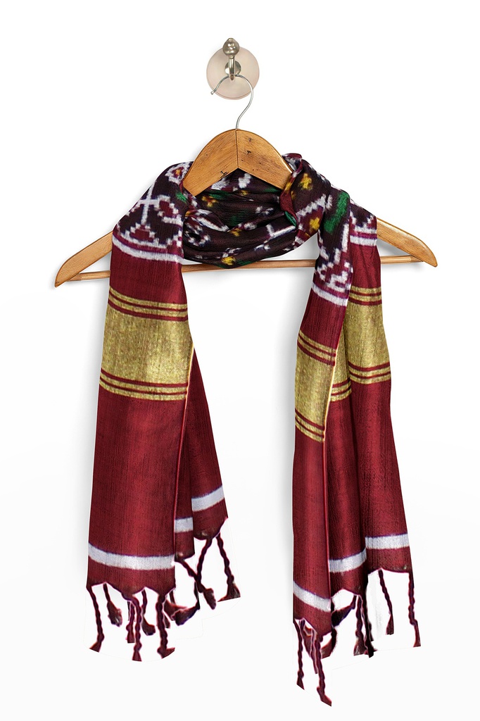 Maroon and Green Handwoven Double Ikat Silk Stole