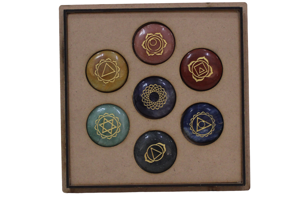 Handcrafted Seven Chakra Round Engraved Reiki Stone Set