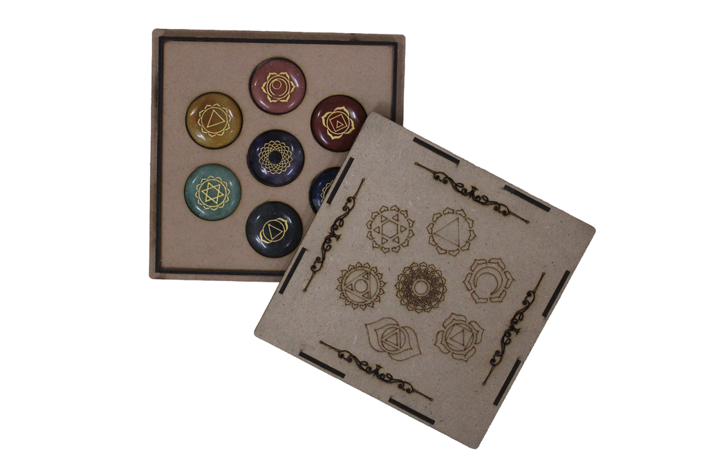 Handcrafted Seven Chakra Round Engraved Reiki Stone Set