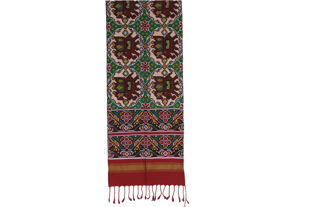 Red and Green Handwoven Double Ikat Silk Stole