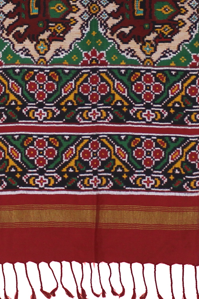 Red and Green Handwoven Double Ikat Silk Stole